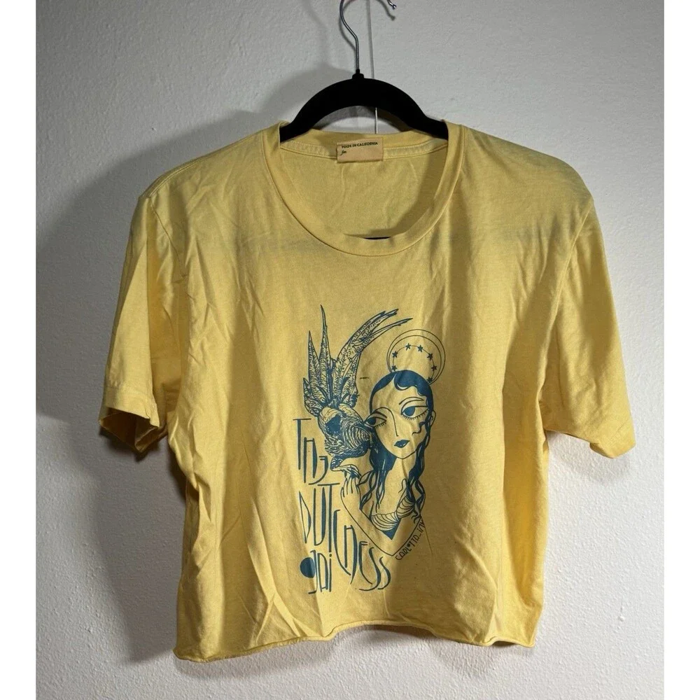 Fairycore Witchy Mystical Crop Tee Yellow Teal Graphic Art Womens Medium - Picture 1 of 13